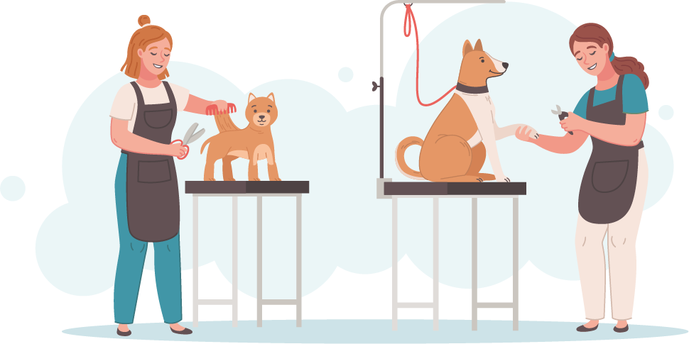Ilustración de peluqueras peinando a perros en su clínica